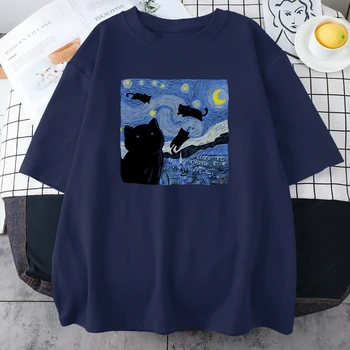 Olejomaľba Čierna Mačka, Hviezdna Noc T Shirt Ženy Značky O-Krku Oblečenia Hip Hop Nadrozmerná Tričko Harajuku Letné T-Shirt Dámske