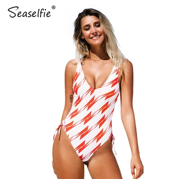 SEASELFIE Thunderbolt U-krku jednodielne Plavky Ženy Sexy Biele Šnúrkou Celých Plaviek 2021 Pláži plavky plážové oblečenie