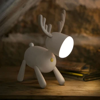 Roztomilý Kreslený Stolná Lampa Elk Jeleň Rotačné Nočné Osvetlenie Chvost Nastaviteľné Časovanie USB Lampy Tabuľka Deti Spálňa Decor Ploche Dekorácie
