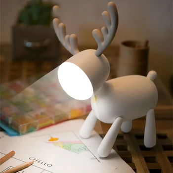 Roztomilý Kreslený Stolná Lampa Elk Jeleň Rotačné Nočné Osvetlenie Chvost Nastaviteľné Časovanie USB Lampy Tabuľka Deti Spálňa Decor Ploche Dekorácie