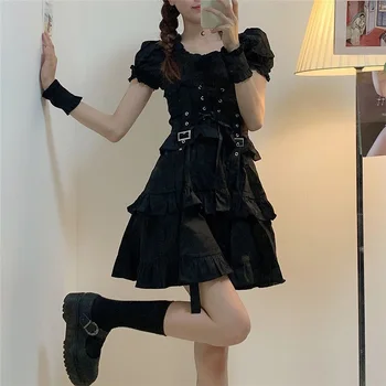 Ženské Gothic Lolita Šaty Goth Punk Sladké Harajuku Mall Nový Štýl Obväz Čierne Šaty Summmer Lístkového Rukáv Dievčatá Oblečenie