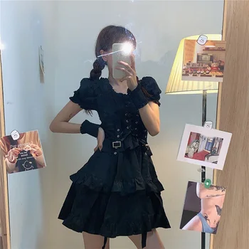 Ženské Gothic Lolita Šaty Goth Punk Sladké Harajuku Mall Nový Štýl Obväz Čierne Šaty Summmer Lístkového Rukáv Dievčatá Oblečenie