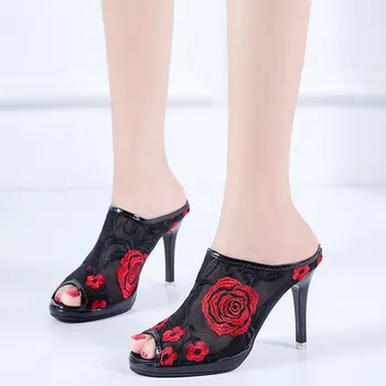 Žena, Čierna Oka Ruže Kvet Listov Mujer Elegantné Dámske Kvetinové Výšivky Sandále Sexy Típat Prst Super Vysoké Podpätky, Topánky