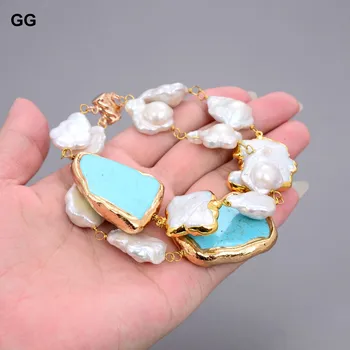 GuaiGuai Šperky Prírodné Perly Umelo Pestované Biely Kvet Keshi Pearl Modrá Tyrkysová Plátok Náramok