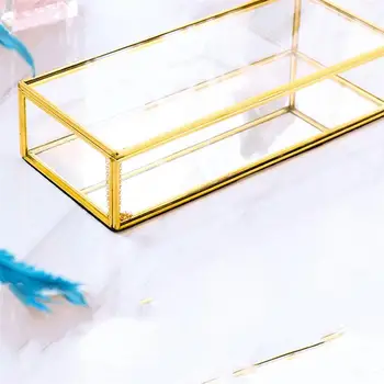 Šperky, Sklenené Prípade Zlatý Okraj Make-Up Úložný Box Kontajner Geometrie Šperky Zobraziť Okno Svadobné Prospech (Zlatá)