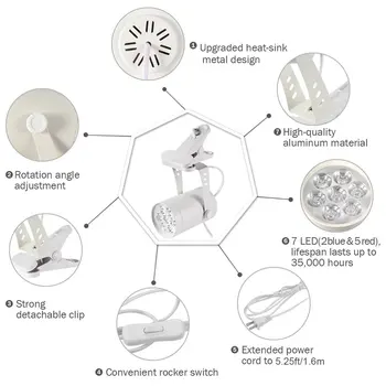7W Biele Hliníkové LED Rastlín Rastú Svetla 360 Stupeň Nastaviteľné Vnútorné zariadenia Svetlá s Klip s chladiča Kovový Dizajn
