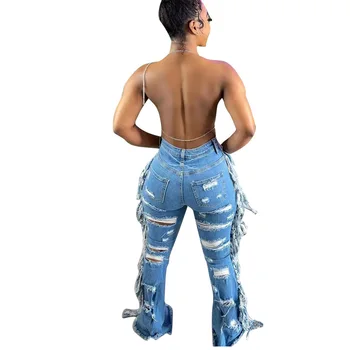 2021 lete nové módne farbou roztrhané džínsy Slim vysoký pás sexy tlačidlo dámske nohavice