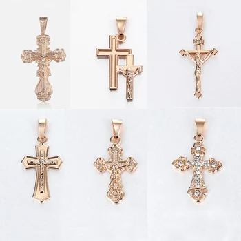585 Rose Zlatý Kríž Náhrdelník Prívesok pre Ženy Modlitbe Ježiš Had Rolo Reťazí Kríž Jasné, Krištáľové Šperky, Darčeky LGP405