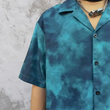 Pánske Retro Tričko tie-dye Blue Print Pláži Harajuku Krátky Rukáv Bežné Tričko Nadrozmerné 2021 Lete Havajské Top Tričko