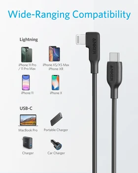 Anker USB-C do 90 Stupňov Lightning Kábel (3 ft), Pfi, Certifikované, Podporuje Silu Doručenia pre iPhone SE / 11 Pro/X/XS/XR