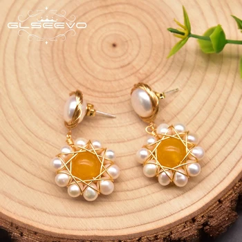 GLSEEVO Prírodné Sladkovodné Perly Drop Náušnice Pre Ženy 925 Silver Yellow Crystal Svadobný Dar Luxusné Šperky GE0911C
