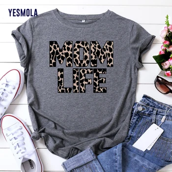 YESMOLA Žien T-shirt Mama Život Leopard Tlač T-shirt Harajuku Krátky Rukáv O-neck T-shirt Dámy Bežné T-shirt Oblečenie Top