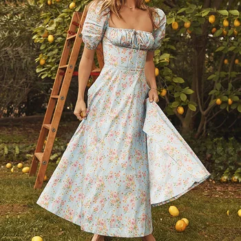 Letné dámske Šaty 2021 Prairie Elegantné Sladká Kvetinová Víla Šaty Lístkového Rukáv Řasnice Split Midi Šaty Župan Longue Femme Vestidos