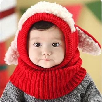 Dieťa jesenné a zimné detské roztomilé klobúk s ušami šteňa šatka baby one-piece klobúk teplé Dievčatá chlapci vlna klobúk