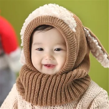 Dieťa jesenné a zimné detské roztomilé klobúk s ušami šteňa šatka baby one-piece klobúk teplé Dievčatá chlapci vlna klobúk