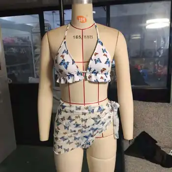 Sexy Motýľ Vytlačené Bikiny S Sukne, Plavky S Uväzovaním Za 3 Ks Sa Nastaví Ženy Plavky 2021 Plavky S Uväzovaním Za Dvojdielnych Plaviek