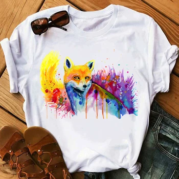 Rukávy T-Shirt Topy Estetické Streetwear Ropa De Mujer Žena Grafické Akvarel Fox Zvierat Cartoon Vytlačené 90 je Roztomilý Krátke
