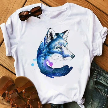 Rukávy T-Shirt Topy Estetické Streetwear Ropa De Mujer Žena Grafické Akvarel Fox Zvierat Cartoon Vytlačené 90 je Roztomilý Krátke