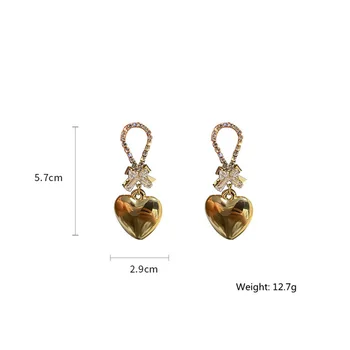 FYUAN kórejský štýl Zlaté Srdce Drop Náušnice pre Ženy Bowknot Crystal Drahokamu Náušnice Vyhlásenie Šperky