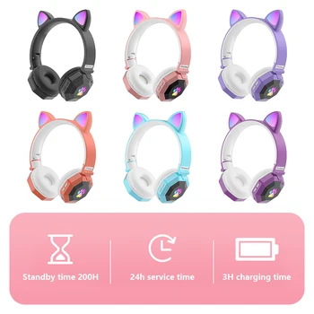 Roztomilý RGB Svetlo Mačka Ear Slúchadlá Bluetooth 5.0 Bezdrôtový Herný Headset Prenosný Skladací Ružová Fialová Farba Kawaii Slúchadlá