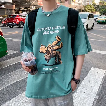 T-Shirt Mens Streetwear Harajuku Medveď Objať Tlač Hip Hop Tričká 2021 Lete Bavlna Krátky Rukáv Košele Voľné Topy Dropshipping