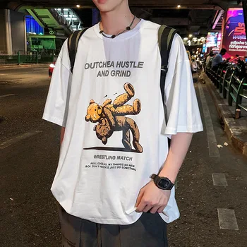 T-Shirt Mens Streetwear Harajuku Medveď Objať Tlač Hip Hop Tričká 2021 Lete Bavlna Krátky Rukáv Košele Voľné Topy Dropshipping