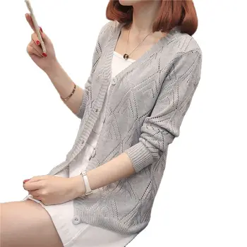 Letné krátke slim duté tenké tričko s dlhým rukávom singel svojim cardigan tvaru žien top šatkou univerzálny plášť