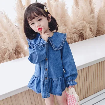 Jar kórejská Verzia 2021 Deti Oblečenie Nové Produkty, Deti Farbou Baby Šaty Dievčatá Dlhým rukávom Denim Sukne
