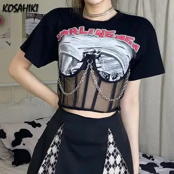 KOSAHIKI Patchwork Oka Plodín Top Ženy Black Punk T-shirt Reťazca Patch 2021 Lete Harajuku List Tlač Streetwear Tee Košele