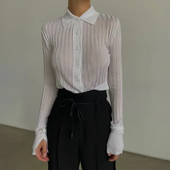 2021 Módy Sexy Ženy Prekladané Oka Transparentné Dlho Puzdre Tričko Košieľka Blanche Femme Camisas De Mujer Farbou Klopě