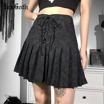InsGoth Retro Obväz Čiernej Sukni Goth Estetické Kvetinový Žakárové Vysoký Pás Skladaný Paródie Harajuku Punk Čipky Ženy Oblečenie