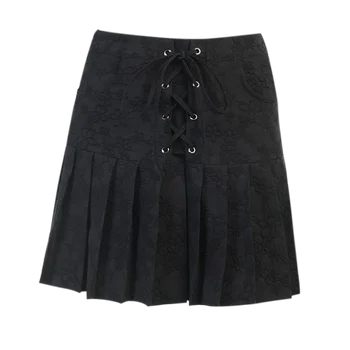 InsGoth Retro Obväz Čiernej Sukni Goth Estetické Kvetinový Žakárové Vysoký Pás Skladaný Paródie Harajuku Punk Čipky Ženy Oblečenie