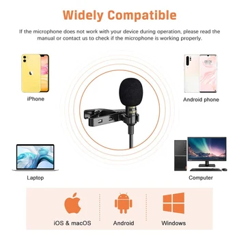 Lavalier Klope Mikrofón Všesmerového Kondenzátora Mic pre iPhone Android & Windows YouTube Rozhovor Studio Clip-on Mic