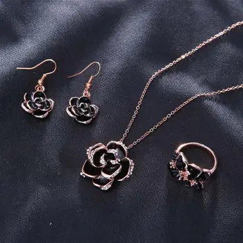 Móda Ruže Kvet Smalt Šperky Set Rose Gold Farba Čierna Maľovanie Svadobné Šperky Sady pre Ženy, Svadobné Šperky
