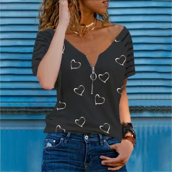 2021 Módne Ženy Letné Srdce Tlače T-Shirts pre Streetwear Zips Dekor tvaru Krátky Rukáv Príležitostné Voľné Pulóvre Top