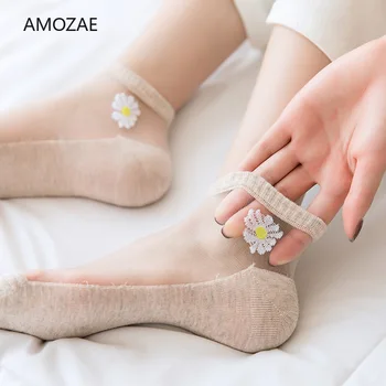 5 Párov Žien Ponožky pre letné Ultra-tenké Transparentné, Hodvábne Vlákno Ponožky Japonskej Módy Daisy Kvet Roztomilé ponožky Kawaii Dizajnér