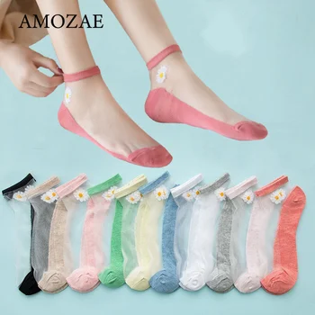 5 Párov Žien Ponožky pre letné Ultra-tenké Transparentné, Hodvábne Vlákno Ponožky Japonskej Módy Daisy Kvet Roztomilé ponožky Kawaii Dizajnér