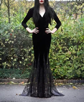 Black gotický morská víla šaty, sexy Ženy v krku dlhý rukáv lem čipky patchwork noc strany goth šaty Vintage stredoveké oblečenie