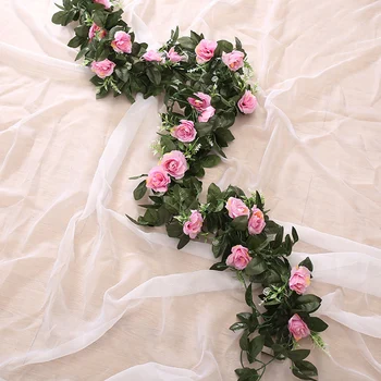 Hodváb umelé ruže viniča visí kvety pre dekorácie ratan falošné rastliny listy garland romantická svadba, domáce dekorácie