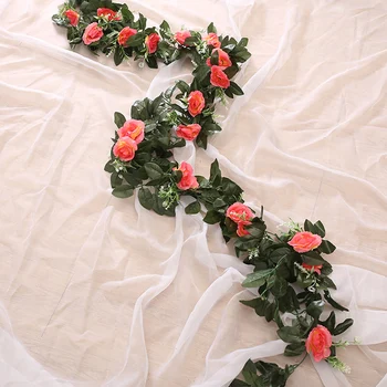 Hodváb umelé ruže viniča visí kvety pre dekorácie ratan falošné rastliny listy garland romantická svadba, domáce dekorácie