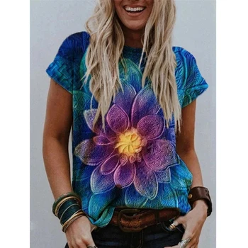 Módne dámske Letné Kolo Krku Príležitostné Voľné Kvetinový Vytlačené Kvet T Shirt tie Dye Topy Plus Veľkosť Krátky Rukáv