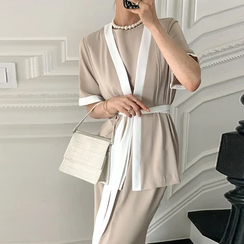 GALCAUR Elegantné Dve Dielna Sada Pre Ženy Krátke Kabáty O Krk Vysoký Pás Polovice Šaty Bežné Sady Žena Letné Oblečenie 2021