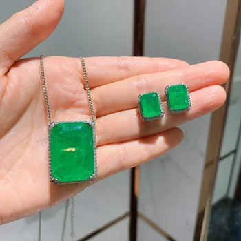 QTT Obdĺžnik Emerald Turmalín Drahokam Náhrdelníky Náušnice S925 Mincový Striebro Šperky Set Pre Ženy Svadobné Zapojenie Strany