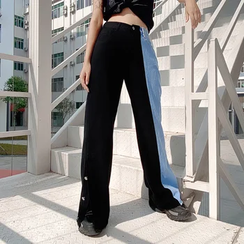 Yangelo Harajuku Dievča, Black & Džínsové Nohavice Ženy Šitie Voľné Vysoký Pás Rovné Džínsy Žena Jeseň Zima Streetwear Unisex