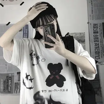Harajuku Šedá Tlač Street Style Nadrozmerné Voľné T-Shirt dámske Osobné Krátke Rukáv Top Hip Hop Dievča 2021 Lete Nové