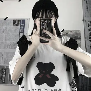 Harajuku Šedá Tlač Street Style Nadrozmerné Voľné T-Shirt dámske Osobné Krátke Rukáv Top Hip Hop Dievča 2021 Lete Nové
