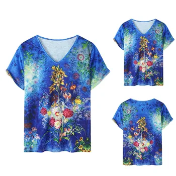 Dámske Farebné Kvetinové Tlač T-Shirt Modrá Základného tvaru s Krátkym Rukávom Letné Bežné Topy Plus Veľkosť Módne Ženské Oblečenie
