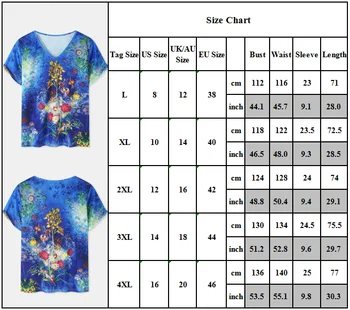 Dámske Farebné Kvetinové Tlač T-Shirt Modrá Základného tvaru s Krátkym Rukávom Letné Bežné Topy Plus Veľkosť Módne Ženské Oblečenie