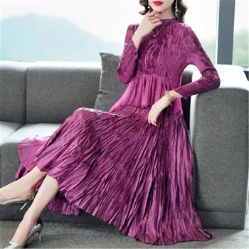 Skladaný šaty žena 2020 jeseň nový ťažký priemysel Miyake ručne skladaný dlhým rukávom úsek štíhle ženské šaty dressVestidos