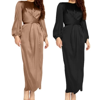 2021 Ženy Arabských Moslimských Satin Lístkového Dlhý Rukáv Maxi Šaty Farbou Zábal Predné Self-Tie Abaya Dubaj Turecko Hidžáb Oblečenie Kaftan